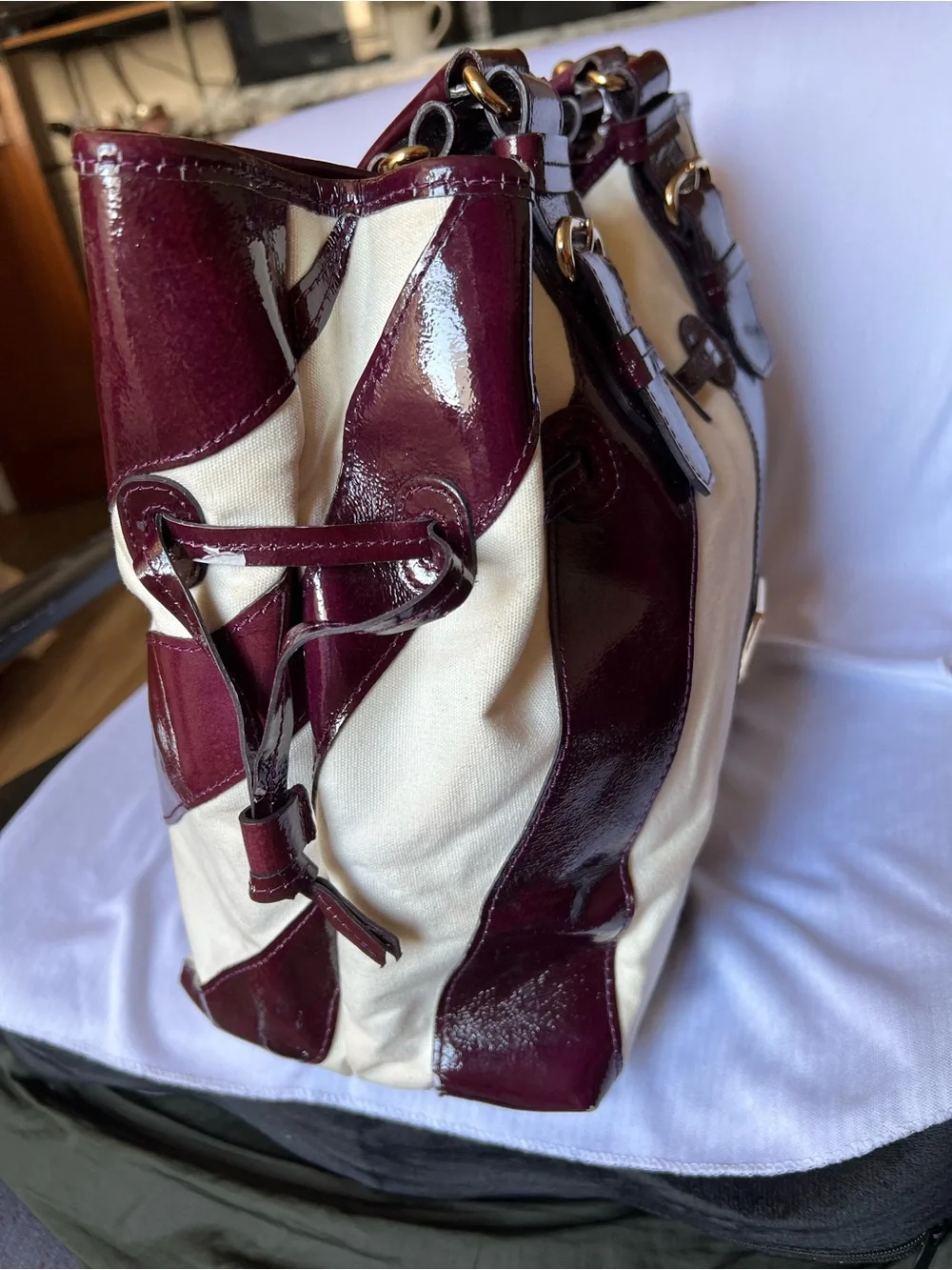 Dooney & Bourke Chiara Large Tote Bag Plum Patent Leather & Cream Stripe